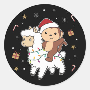 Monkey Lama Weihnachtsschnee Wintertiere Classic Runder Aufkleber