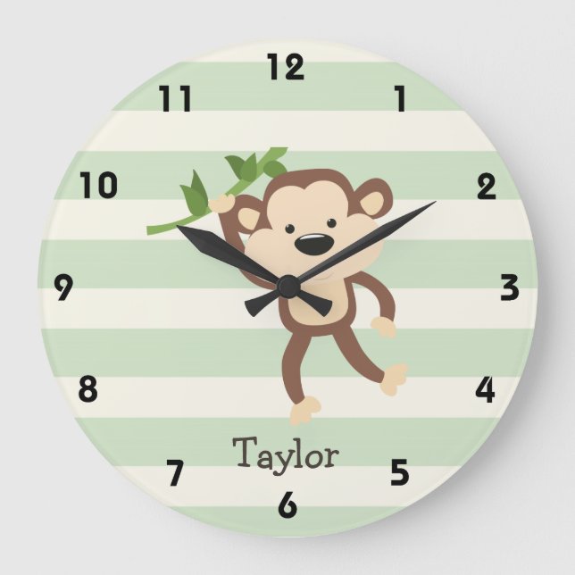 Monkey on Pastel Green Stripes Große Wanduhr (Vorderseite)