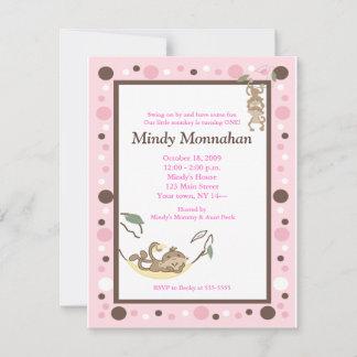 Monkey Pink Brown Girly Trendy Geburtstag 4,25 x 5 Einladung
