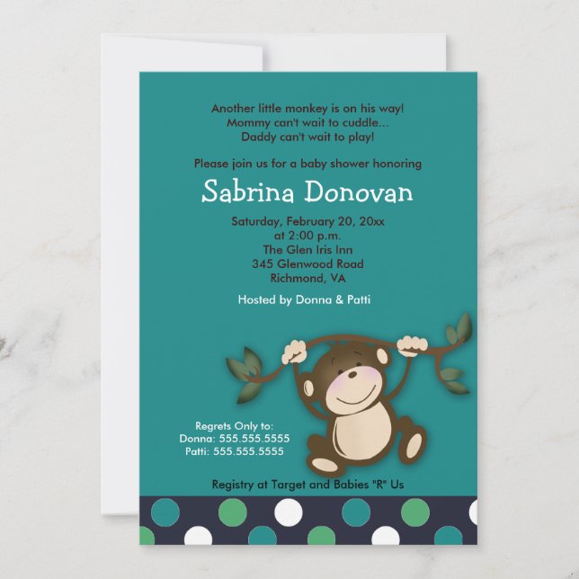 MONKEY PLAY 12x18 BLUE BOY BABY SHOWER Einladung (Vorderseite)