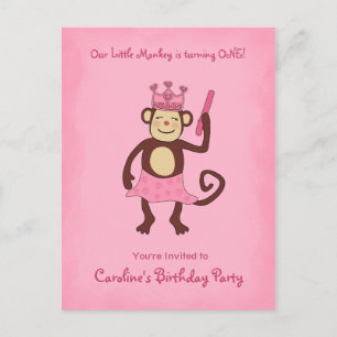Monkey Princess 1. Geburtstag Einladungspostkarte