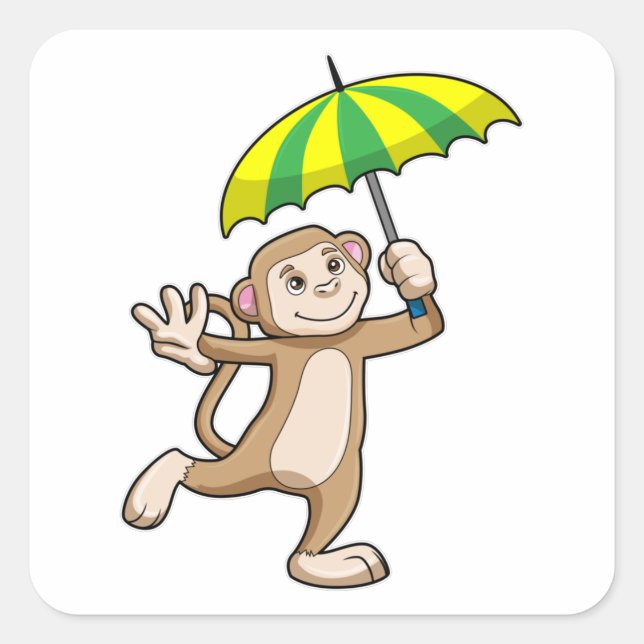 Monkey Rain Umbrella Quadratischer Aufkleber (Vorderseite)