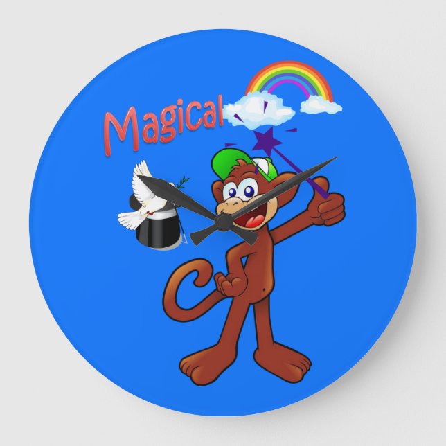 Monkey Rainbow Magical Blue Clock Große Wanduhr (Vorderseite)