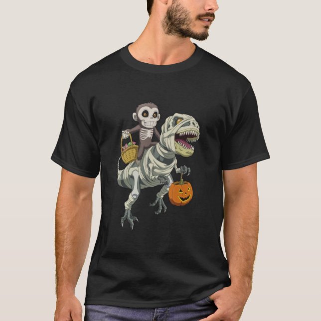 Monkey Skeleton Riding Mummy Dinosaur TRex Hallowe T-Shirt (Vorderseite)