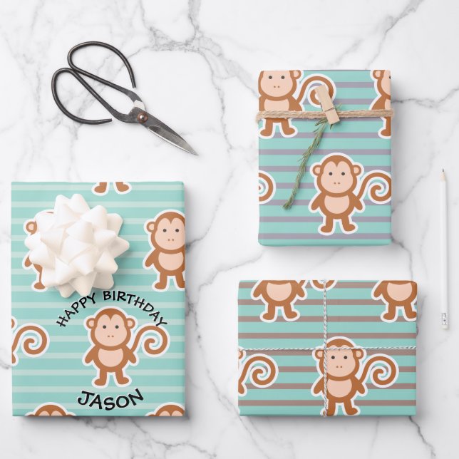 Monkey Stripes Happy Birthday Geschenkpapier Set (Vorderseite)