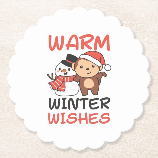 Monkey Warm Winter Wishes Snowman Untersetzer (Vorderseite)