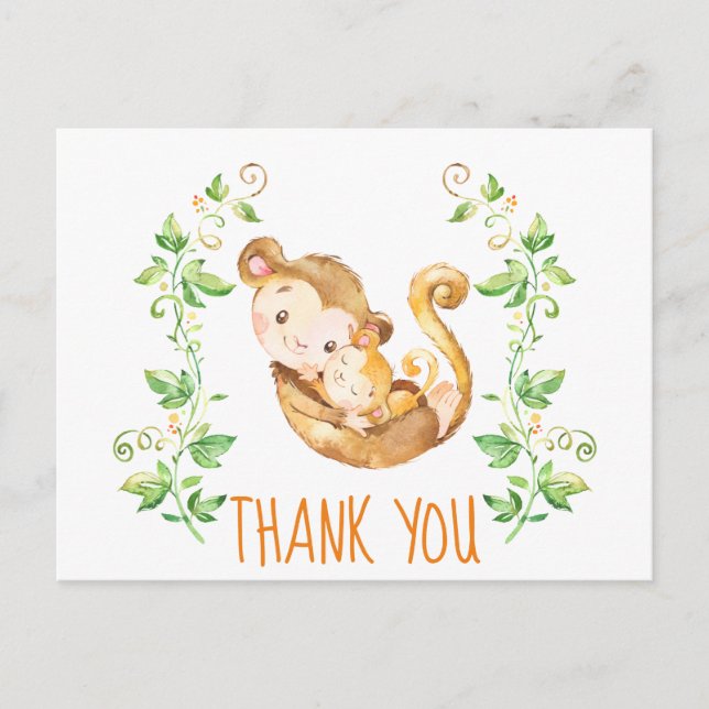 Monkey Zoo Animals Baby Dusche Vielen Dank Postkarte (Vorderseite)