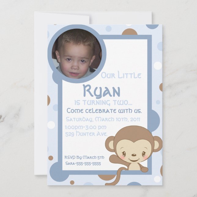 Monkey Zoo Foto Geburtstag Einladung Boy (Vorderseite)