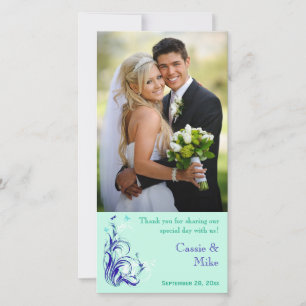 Monnaie, Bleu, Blanc Floral Mariage Carte photo