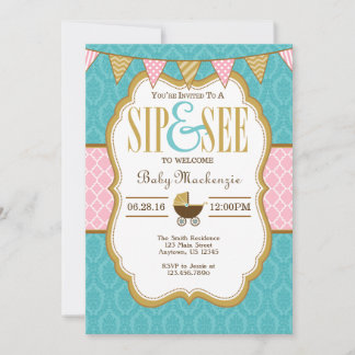 Monnaie D'Or turquoise Vert Sip Et Voir Invitation