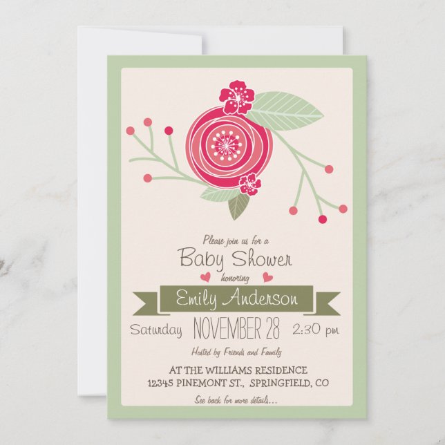 Monnaie verte et rose florale, f Invitation Baby s (Devant)