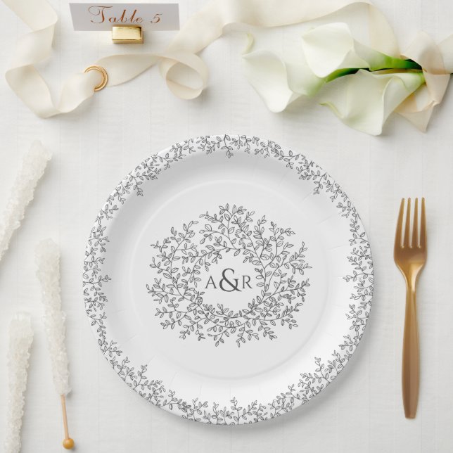Mono-Graue, weiße Kreissenblatt-Art-Mono-Hochzeit Pappteller (Hochzeit)