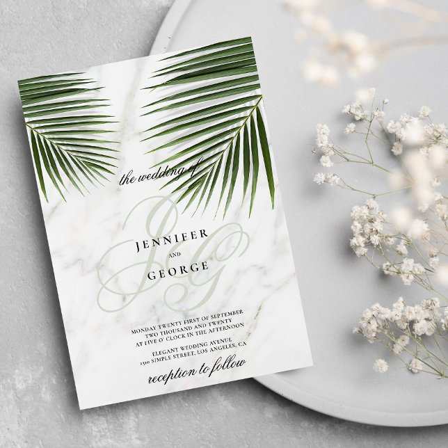 Mono-Hochzeit aus tropisch-grünem Marmor Einladung (Tropical green white marble monogram wedding)