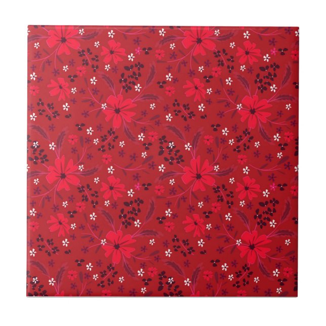 Monochromatic bright red retro floral pattern. fliese (Vorderseite)