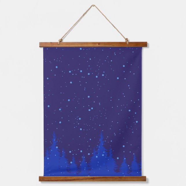 Monochromatische blaue Weihnachtslandschaft mit Sc Wandteppich Mit Holzrahmen (Vorderseite)