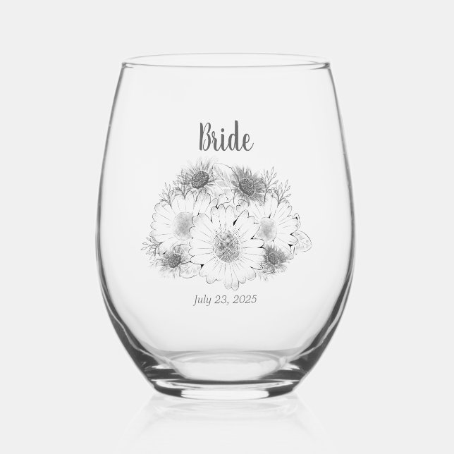 Monochromatische Sketch Minimalistisch Daisy Bride Weinglas Ohne Stiel (Vorderseite)