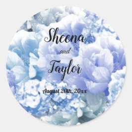 Monochromatischer Blue Floral Hochzeitsticker Runder Aufkleber