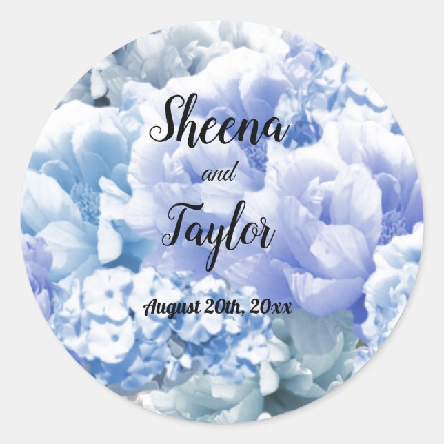 Monochromatischer Blue Floral Hochzeitsticker Runder Aufkleber (Vorderseite)