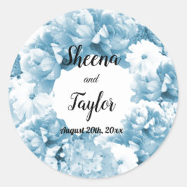 Monochromatischer Blue Floral Wreath-Hochzeitstick Runder Aufkleber