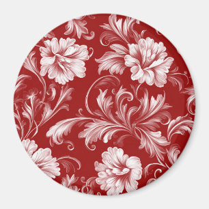 Monochromatisches Barockblumenmuster, weiß auf rot Magnet