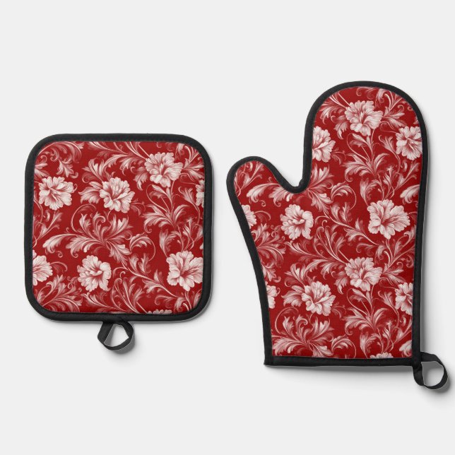 Monochromatisches Barockblumenmuster, weiß auf rot Ofenhandschuh & Topflappen-Set (Vorderseite)