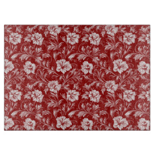 Monochromatisches Barockblumenmuster, weiß auf rot Schneidebrett