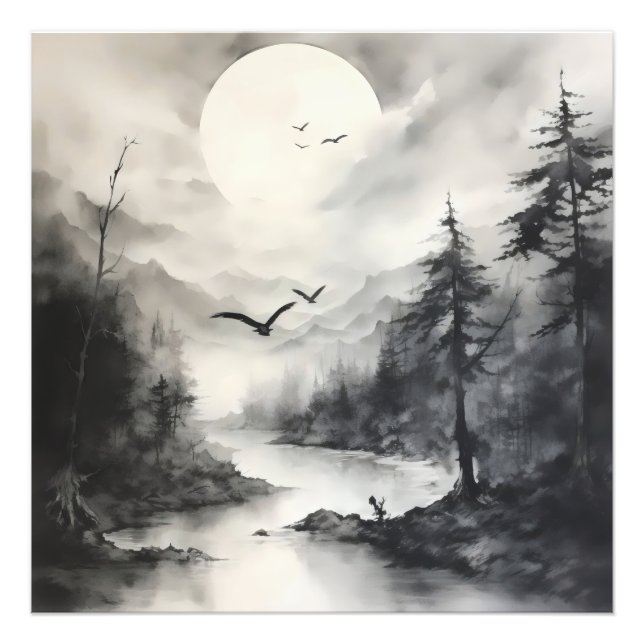 Monochromatisches Landschaftsbild Tintenzeichnung Fotodruck (Vorne)