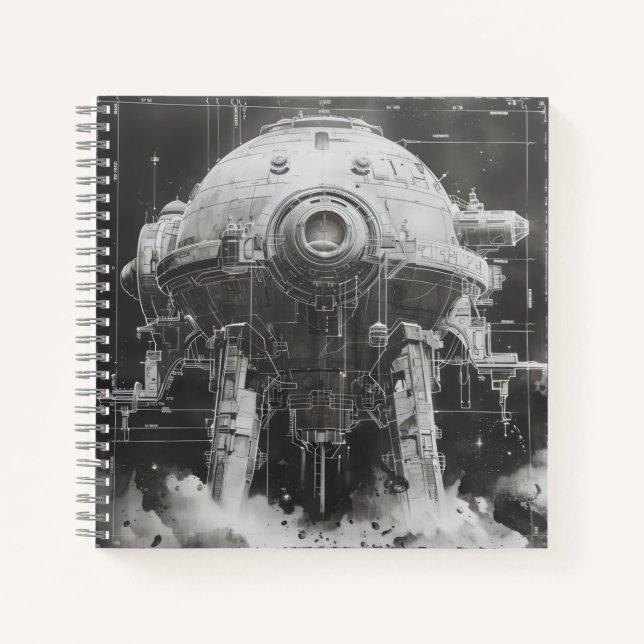 Monochromatisches Sci-Fi-Blueprint Notizbuch (Vorderseite)