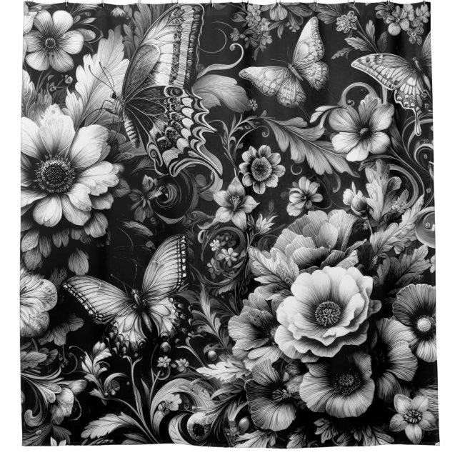 Monochrome antike Flora mit Schmetterlingen Duschvorhang (Vorderseite)