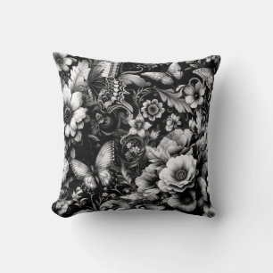 Monochrome antike Flora mit Schmetterlingen Kissen