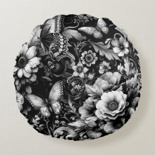 Monochrome antike Flora mit Schmetterlingen Rundes Kissen