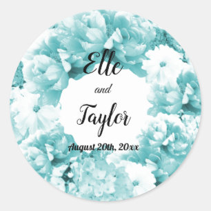 Monochrome aqua-blaue Blumenkranz-Hochzeitsaufkleb Runder Aufkleber