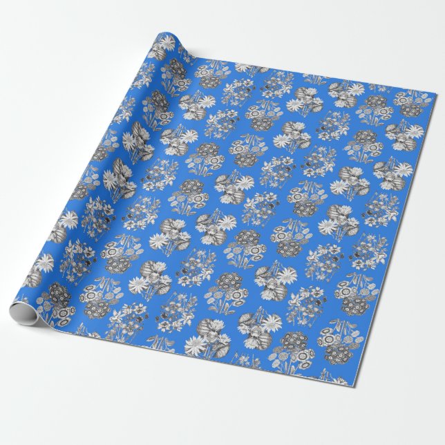 Monochrome Blume auf Bright Blue Ground Giftpackun Geschenkpapier (Ungerollt)