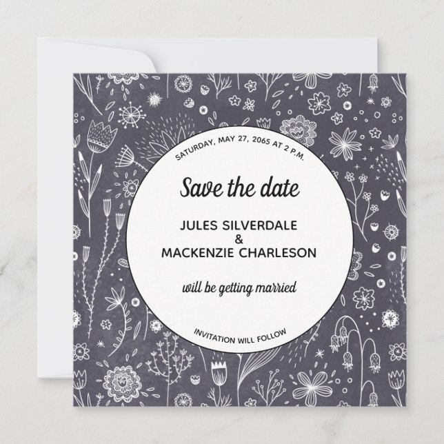 Monochrome Blume-Chalkboard Save the Date modern Einladung (Vorderseite)
