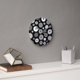 Monochrome Blüten großes Muster Runde Wanduhr