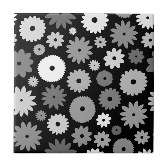 Monochrome Blütenmuster Fliese (Vorderseite)