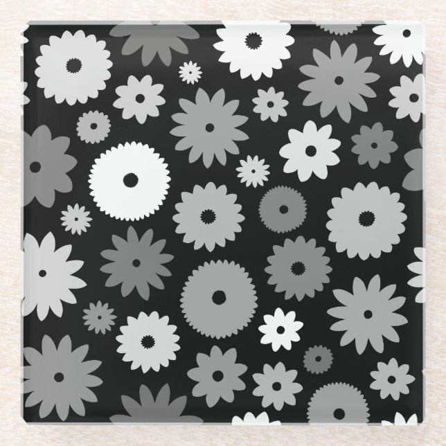 Monochrome Blütenmuster Glasuntersetzer (Vorderseite)