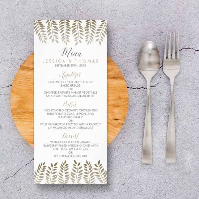 Monochrome Fern Woodland Wedding Menu Werbekarte (Von Creator hochgeladen)
