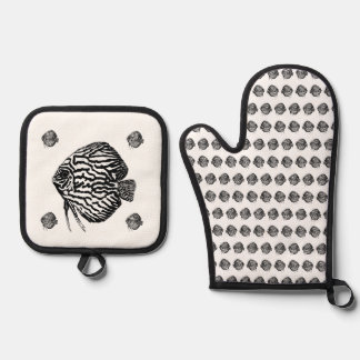 Monochrome Fischschürze Ofenhandschuh & Topflappen-Set