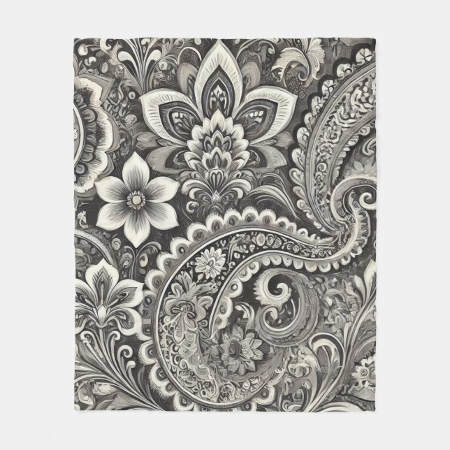 Monochrome Floral Paisley Elegance Fleecedecke (Vorderseite)
