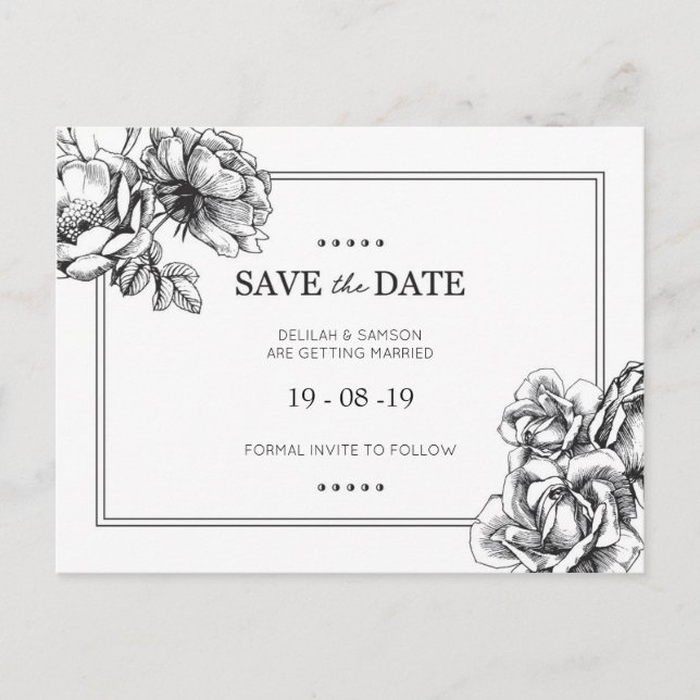 Monochrome florale Hochzeit Speichern Sie das Datu Ankündigungspostkarte (Vorderseite)