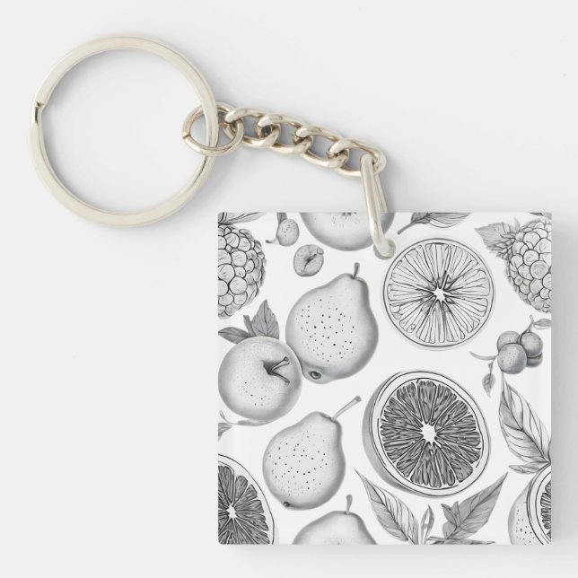 Monochrome Fruit Pattern with Botanical Elements Schlüsselanhänger (Vorderseite)