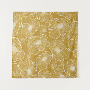 Monochrome Gold Blumenmuster: Abstrakte Nahtlose Wandteppich