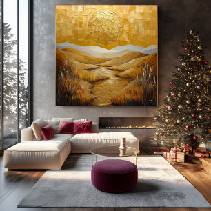Monochrome goldene abstrakte Landschaft mit Sonne Leinwanddruck