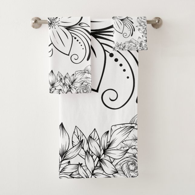 Monochrome grafische Kunst, schöne Blume Badhandtuch Set (Insitu)