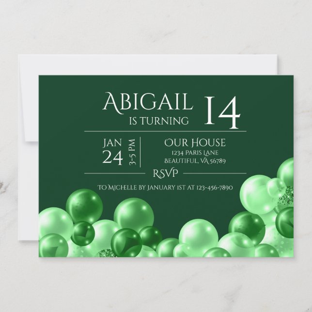 Monochrome Grünballon Arch Moderner Geburtstag Einladung (Vorderseite)