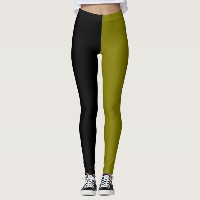 Monochrome Halbschwarz Halbbraun Grün Halloween Leggings (Vorderseite)