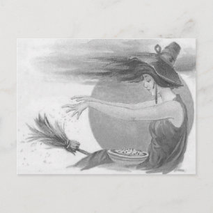 Monochrome Hexe Vollmond Besen Magischer Zauber Postkarte