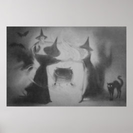 Monochrome Hexenkatze Bat Night Cauldron Black Cat Poster