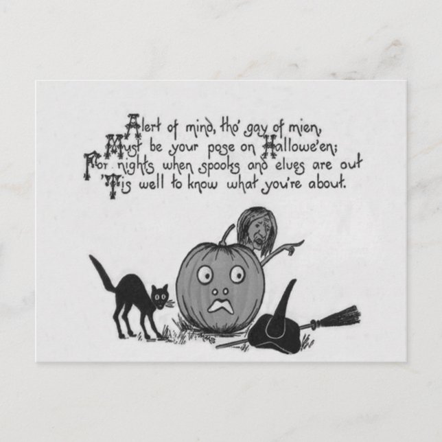Monochrome Hexenkatze Kürbislaterne Gedicht Postkarte (Vorderseite)